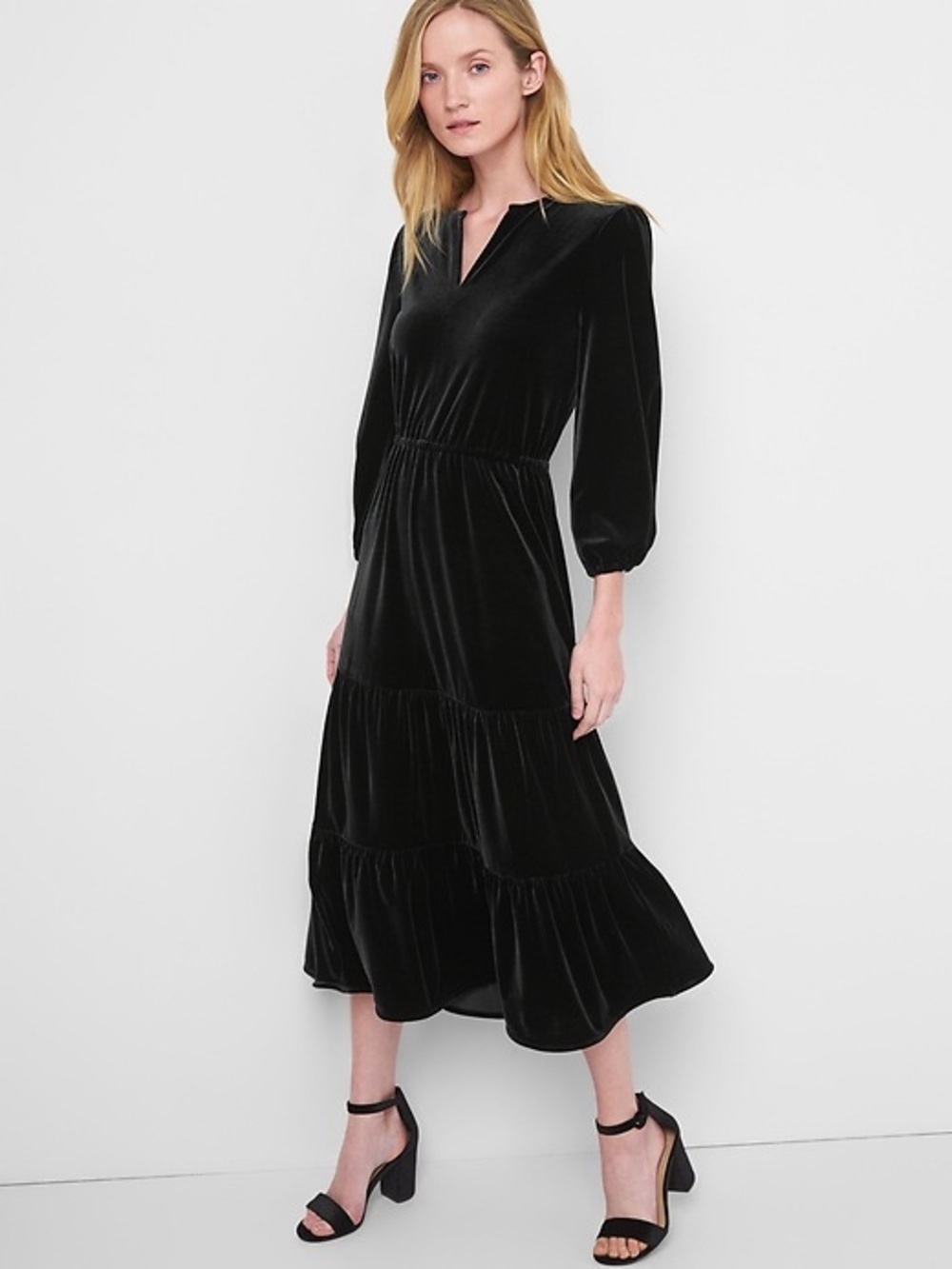 GAP Black Velvet Tiered Midi Dress